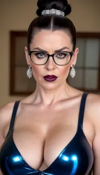 Una donna robusta con un corpo maturo e orecchini anelli in argento posati per la fotocamera indossando un vestito in lattice e orecchini anelli in argento. I suoi capezzoli erano duri e lei sembrava arrabbiata, rendendo il suo seno perfetto