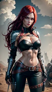 woman, masterpiece, best quality, katarina, (scar over eye), armor, cropped jacket, cleavage, bustier, midriff, belt, black pants, upper body, standing, furrowed brow, serious expression, glare, looking at viewer, wasteland, sky, clouds, <lora:katarina-nvwls-v1-final:.5>