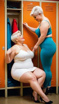 Uma mulher gorda alegre está mudando roupas no vestiário, enquanto seu amigo olha com um sorriso em seu rosto