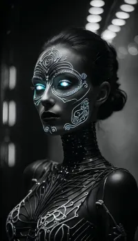woman, A skeleton in a disco, (glowing black and white electric android body:1.6), nude women, colorful lights, fog, closeup