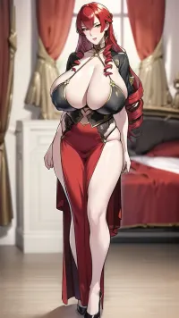 高档AI制作的色情片,以成熟女性为主角,臀部宽而腰窄,长发,唇红,对称的蕾丝细裙,臀部宽. 她穿着高跟鞋站在卧室里