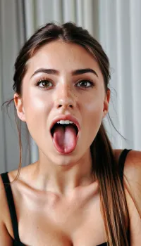 The woman in the photo is in her mid-twenties, with a petite frame and long dark brown hair. She has large eyes that are round and brown in color. Her cheeks are scrunched up as she looks at the camera with a