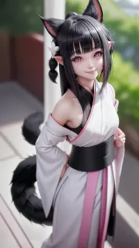 <lora:CutePussyVer2S:.5>, <lora:EastAsianDollLikeness_v50:.5>, 1girl, beautiful, black hair, pink eyes, white haori, ears, tail, looking at viewer, smiling