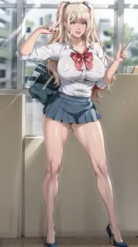 Manami Aizono, a beautiful woman with green eyes and blonde hair, stood in the school hallway with her gym bag slung over her shoulder. She was wearing a pair of large breasts that were perfectly sculpted to fit into her school uniform