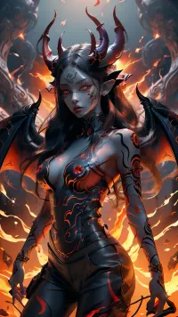 An 18-year-old girl with anorexia, standing in the middle of lava on fire, wearing ultra-detailed face with high resolution and detail. Her thin waist is highlighted by the tattoos on her fingers. The picture is 8