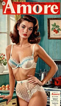 A vintage magazine cover of a magazine called "Amore" with an image of a 20 year old italian woman, skinny, ((breasts)), ((50s style loose brown hair)), ((50s magazine)), ((freckles)), ((high quality)), ((cute tall tall face)), posing for magazine, ((50s magazine cover)), ((sexy 50s style lingerie)), ((vintage magazine called "Amore")), shot in a vintage kitchen, 50s style make-up