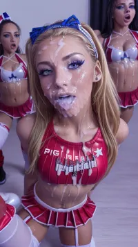 Group, masterpiece, (perfect lighting:1.4), (skinny:1.4), (ultra detailed face:1.4), (ultra high detailed cheerleader outfit:1.4), 8k, (slutty cheerleader outfit in, (red, white, blue), , , star spangled banner, usa:1.4), (high resolution:1.4), (18 year old cheerleader:1.4), body, 4ft10, heavy makeup, blonde hair, blue eyes, tanned skin, hairband, thigh high socks, (tons of cum:1.4), bukkake, ((cheerleader team, girls, group, in the background), , :1.4), ((all girls have detailed faces), , :1.2), <lora:more_details:.5>, <lora:Lgirl-v6_500steps:1>, <lora:facialized:.5>, <lora:cum_b1:.5>, <lora:bukkake_v0.4:1>
