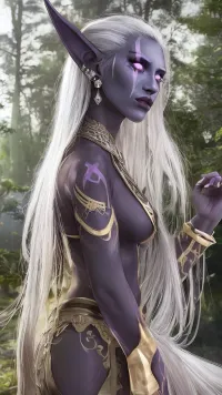 1girl, beautiful she nightborne, dark purple skin, tattoo, facepaint, long white hair, jewels, earrings, piercing, nude, forest, tree, night, dark atmosphere, athletic, volumetric lighting, best quality, masterpiece, realistic, <lora:sxz-nightborne:.8>