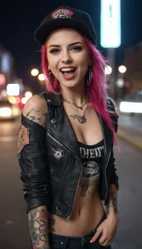 stunning girl, beautiful face, rocker girl, (punk girl:1.3), 20 years old, tattoos, shows tongue with piercing, (a lot of piercing), ripped jeans, slender girl, smiling, (beautiful radiant happy eyes), hands in pockets, night city street, neon signs, rock cap