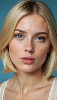 The average height French girl with perfect eyes, a slim body, and bob cut blonde hair licked her lips by her tongue