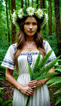 伝統的なウクライナの民族衣装の女性、彼女の頭に花の輪を抱き、彼女の頭の上に花の輪を着ています。 自然の美しさを写真に捉えた森に立っています