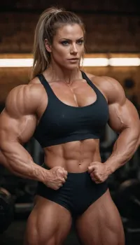 A muscular woman with an athletic build and a muscular physique stood in front of the mirror admiring her massive muscles. She flexed her biceps and admired the rippling effect they created, admiring the power coursing through her veins. The picture
