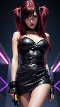 score_9, score_8_up, score_7_up, source anime, girl holding handgun, nightclub, neon, standing on one leg, in action, ultra detailed, detailed, magazine cover, cover, cover page, handgun, weapon, finger on trigger, holding handgun, fit body, 1girl, pale skin, gothic girl, open shoulders, leather jacket, black microskirt, high waist skirt, black boots, fishnets legwear, black tube top, tight top, (nipples:.5), medium breasts, belt, red belt, pentagram symbol, big hips, cleavage, red eyes, twintails, hair, red hair, arched bangs, long bangs, Two-tone hair, black hair, parted lips, c0l0urgl0w, glowing, retrowave, sky, night, star, (sky), <lora:easynegative:1>
