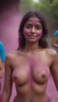 Una joven india seductora juega holi, con piel blanca y vista corporal completa
