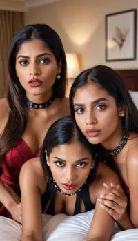 woman, two beautiful south asian mixed race 18 and 19 year old sisters together with their sexy 35 year old mother, non traditional, long legs, high heels, wearing sexy club dresses, fetish chokers around neck, the mother is being gagged with a ball gag, angry and defiant looking directly at the camera, clear detailed faces, clear lips, clear eyes, posing provocatively in hotel room, embracing each other, eye contact, correct number of fingers if hand is shown.