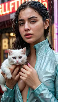 Ridley Scott's futuristic photo captures a young girl in a rain-soaked city, with her eyes closed and her face tilted towards the sky. She is wearing a sleek metallic jumpsuit with holographic accents, and her hair is styled