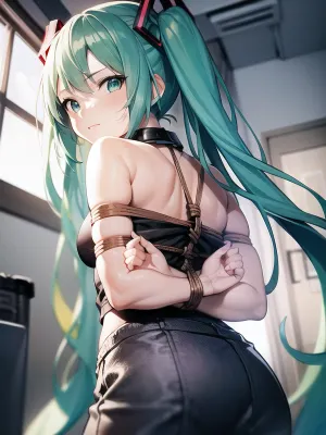 Miku, l'intelligenza artificiale ultra-dettaglio generato porno con 1girl e 5sentences, è un'immagine di qualità migliore di lei con occhi aqua, capelli lunghi e collare rosso. Ha una posa di bondage e due lato su gonna rivelando
