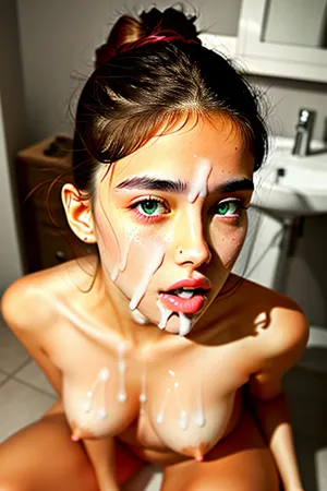 18-year-old girl, beautiful young face, big expressive eyes, cum on her face, big sensual mouth, looks erotic, (cum on face:1.8), (nude:1.4), (naked pussy:1.4), dark hair, young girl model for Instagram, photorealism, in the bathroom, studio lighting, soft shadows, best quality, athletic build, top model with long legs, noticeable abs, the image resembles wet hair after a workout, beautiful, realistic, <lora:age_slider-LECO-v1:-2>, <lora:WTF.H.RV1:.5>, <lora:unexptits_v15:1.2>, <lora:weight_slider-LECO-v1:-1>, <lora:facialized:.5>, <lora:cum_b1:.5>
