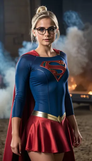 One picture, Realistic, A 19 year old woman with small boobs and blond hair and a short ponytail, full Body view, supergirl costume, ((perfect makeup)), small round eyes, small lips, ((smoky eyes)), looking excited, looking straight, head up, small round glasses with black frame, high quality, high details