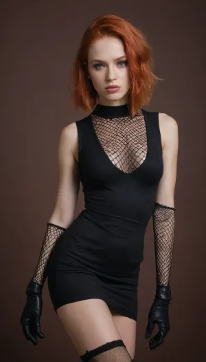 La donna con i capelli di zenzero scozzese e le calze di rete posate per il fotografo, mostrando il suo stile fotorealistico grezzo. Indossava un vestito nero stretto che abbracciava perfettamente le curve, mostrando la sua figura modello. Le sue labbra erano dipinte