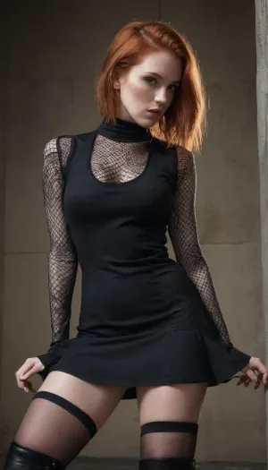 La donna con i capelli di zenzero scozzese e le calze di rete era un vero artista. Aveva uno stile alternativo intenso che rendeva ogni posa senza sforzo. La sua pelle fotorealistica, le grandi labbra e il vestito nero stretto sono stati tutti catturati in alta qualità