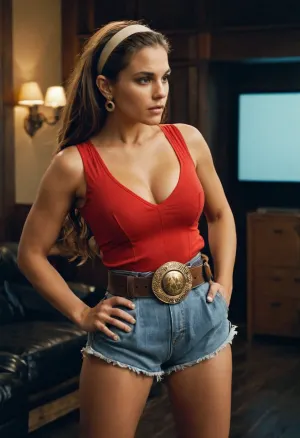 ИИ создал высококачественную картину женщины с длинными волосами, одетой в плотную блузку и серьги, показывая ее тонизированное тело и расщепление