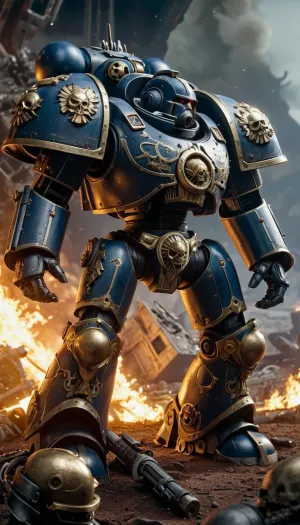 Dreadnought Warhammer 4000是一台强大的机器,可以粉碎其路径中的任何东西. 它有巨大的球形装甲肩,使其看起来像一个巨大的机器人. 那女孩跪着求饶,