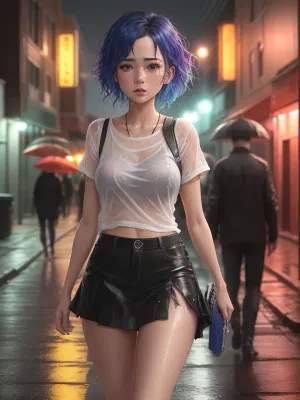 照片中的女孩正在走下一条小巷,她的身体从雨中汗出闪耀. 她的夜衣和彩虹发 她的皮肤在发光,她有一个小时的玻璃