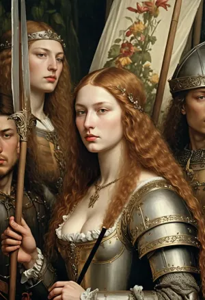 The Maid of Orléans, fragile girl, in medieval armor, leads her soldiers into battle, in her hand is a white flag with the image of lilies, (painting in the style of Albrecht Durer:1.6)