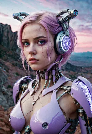 pretty girl, full body, anatomy, evil, horror, detailed eyes, detailed pupils, best quality, masterpiece, depth of field, vibrant color, sharp focus, detailed, extremely detailed, highres, absurdres, cinematic lighting, cracked skin, glowing cracks, shattered skin, fractured skin, broken skin, internal illumination, analog horror, creepy, unsettling, terrifying, internet horror, delicate, detailed environment, cyborg, mechanical arms, mechanical ears, biopunk style, pastel colors, cute colors, sweetscape, oversized, scenery, landscape, panoramic view, plasmatech, plasma filaments, purple hues, glass, cute, pretty, anime, pastel, neon, more details