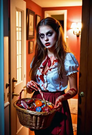 masterpiece, perfect image composition, very pretty girl, zombie makeup, evening, halloween zombie costume, ((torn bloody clothes)), trick or treating, view from house entrance door, overflowing candy basket