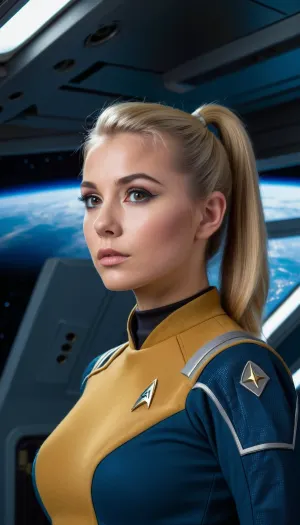 अंतरिक्ष स्टेशन, पूर्ण शरीर दृश्य, सही मेकअप, चित्र और पाठ में उच्च गुणवत्ता, उच्च विवरण के साथ एक आश्चर्यजनक 20 वर्षीय महिला। सपना देख रहा है और ऊपर की ओर सिर। बोल्ड होंठ। लघु पोनीटेल। बोल्ड होंठ