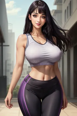 Hinata Hyuga, la mujer ultradetallada generada por IA con enfoque agudo y colores vivos, estaba frente a un fondo púrpura audaz que coincidía perfectamente con su traje. Su cabello largo se arrojó por la espalda, enmarcando su culo redondo y los labios separados