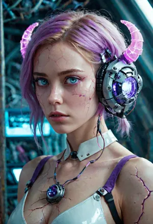 pretty girl, full body, anatomy, evil, horror, detailed eyes, detailed pupils, best quality, masterpiece, depth of field, vibrant color, sharp focus, detailed, extremely detailed, highres, absurdres, cinematic lighting, cracked skin, glowing cracks, shattered skin, fractured skin, broken skin, internal illumination, analog horror, creepy, unsettling, terrifying, internet horror, delicate, detailed environment, cyborg, mechanical arms, mechanical ears, biopunk style, pastel colors, cute colors, sweetscape, oversized, scenery, landscape, panoramic view, plasmatech, plasma filaments, purple hues, glass, cute, pretty, anime, pastel, neon, more details