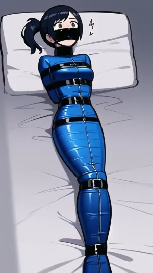 AI, orta yaşlı bir kadının, sırtının arkasındaki kollarıyla, mavi bir elbise ve tam vücudu yakın bir şekilde giyiyordu. Bir ponytail var ve mavi kemer giyiyor, deri bağı ve 1girl anne