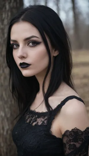 Il testo generato dall'IA è: "La ragazza caucasica bianca magra con capelli neri lunghi e scuri senza frange, goth, punk rock style, ha occhi di nocciola scuri estremi, indossando un sacco di trucco occhio nero con punti neri affilati