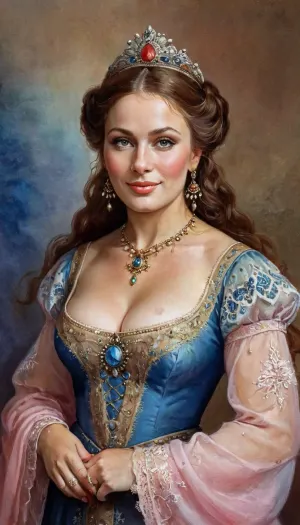 肖像中美丽的俄罗斯女人被长距离的视野所捕捉,她的宽下巴和扣子鼻子站着. 她的脸颊和鼻子上的雀斑 增加了她的青春魅力 而肥胖的身体增加了可爱