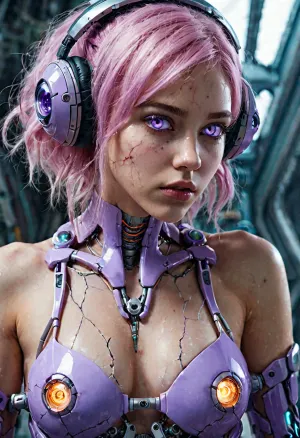 pretty girl, full body, anatomy, evil, horror, detailed eyes, detailed pupils, best quality, masterpiece, depth of field, vibrant color, sharp focus, detailed, extremely detailed, highres, absurdres, cinematic lighting, cracked skin, glowing cracks, shattered skin, fractured skin, broken skin, internal illumination, analog horror, creepy, unsettling, terrifying, internet horror, delicate, detailed environment, cyborg, mechanical arms, mechanical ears, biopunk style, pastel colors, cute colors, sweetscape, oversized, scenery, landscape, panoramic view, plasmatech, plasma filaments, purple hues, glass, cute, pretty, anime, pastel, neon, more details