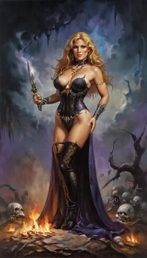 A voluptuous adult elven sorceress, (ornate corset:1.1), (elven corset:1.2), (holding an opened grimoire:1.1), (smirk:1.2), (dead trees in the background:.45), (human skulls), (magical glow), magical sparks from her fingers, (hand raised:.85), stars, celestial wonder, (glowing eyes:1.2), shield, scabbard, (dynamic pose:1.3), (skeleton:1.3), (countless human skeletons litter the floor:1.1), (witch hat:1.1), (wide brim hat:.95), pointed hat, (cosmic storm in the sky:1.3), (thigh high boots), (narrow ears:.85), (big ears:.75), (lightning strikes:1.2), 8k, intricate, dramatic, stunning fantasy art by boris vallejo, (((perfect body proportions, masterpiece, best quality))), <lora:Fantasy_art_XL_V1:.75>, <lora:k3nk3lly:.5>, <lora:FDXLFantasyStyleV2:.5>, zkeleton, <lora:zkeleton-sdxl:.75>, Vintage, comic, book, cover, of, <lora:Wiz-VintageComicBookCover_v01:.5>, (huge tits:1.4), (wide hips:1.5), nicorima, <lora:Nicorima Style:.5>