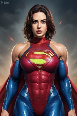 Dieser weibliche Superheld mit der Partitur von 9 ist ein atemberaubender Blick zu sehen. Ihr muskulärer Körper ist auf vollem Display, zeigt sowohl Muskeldefinition als auch Athletik. Der rote Hautanzug, den sie trägt, beschleunigt ihre Kurven und Brüste, während die blaue Hose