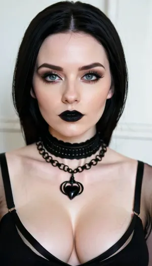 A goth girl with pale skin, black lipstick, and black straight hair is shown in a choker necklace and black clothes posing for the camera with her hands on her hips. Her big tits are visible through the cleavage in her shirt