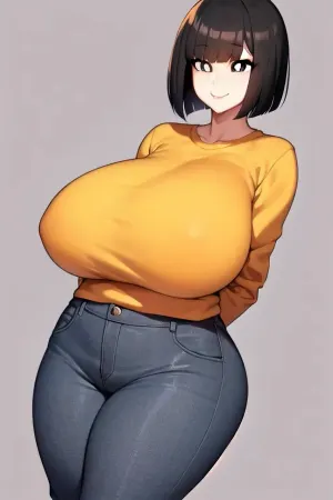 乳房和橙色头发巨大的女人 站在镜子前 欣赏她的新波布切口 并不知道会有什么意外后果