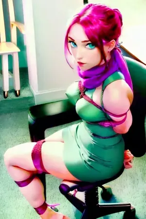 Женщина сидела на стуле, ее голые ноги связаны веревкой. Она носила платье NegfeetV2 и имела прекрасные глаза, идеальные волосы и идеальную кожу. Ее ch4irtied платье NegfeetV2 было связано