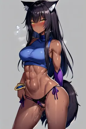 Una ragazza con lunghe cicatrici profonde nello stomaco e sul corpo, sudorazione, capelli lunghi, pelle scura, tono ebano della pelle e culo grande. Ha una foto di una scena pornografica AI generata sul suo telefono con il