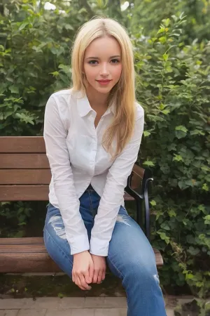 Молодая грязная блондинка позировала для фотографии на скамейке, одетая в сексуальный черный кожаный пиджак и белую рубашку. Она улыбалась и демонстрировала свои красивые кривые и гладкую кожу. Освещение было кинематографическим, с диффузным светом, который подчеркнул