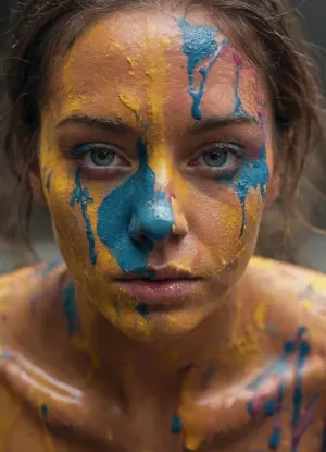 Ein KI-Assistent hält eine Pinsel und malt den Körper einer Person, die in Farbe bedeckt ist