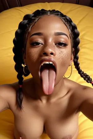 ((Long wide rounded tongue:1.4)), (wide open mouth:1.3), ((hot mouth)), braids, freckles, 0pen, <lora:0pen3:.5>