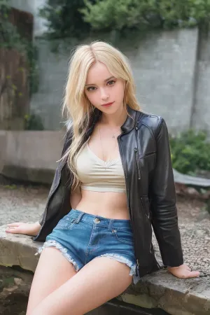 Молодая блондинка сидела на скамейке в саду, одетая в красочную цветочную рубашку и разорванные джинсы. У нее была красивая улыбка и она была окружена красочными цветами. Фотограф использовал высококачественное разрешение 8K для захвата ее кинематографического освещения, которое