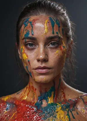 Die KI erzeugte ein Bild eines Roboters mit seinem Körper in leuchtenden Farben gemalt, so dass es aussieht, als wäre es komplett aus Farbe hergestellt