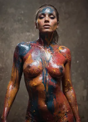 AI에 의하여 생성된 그림은 페인트에서 덮은 인체의 가까운 위로를 보여주었습니다, eerie 아름다움과 더불어. 마스크와 장갑을 착용하고 눈은 손으로 작업에 초점을 맞추고 닫았습니다. 에도 불구하고